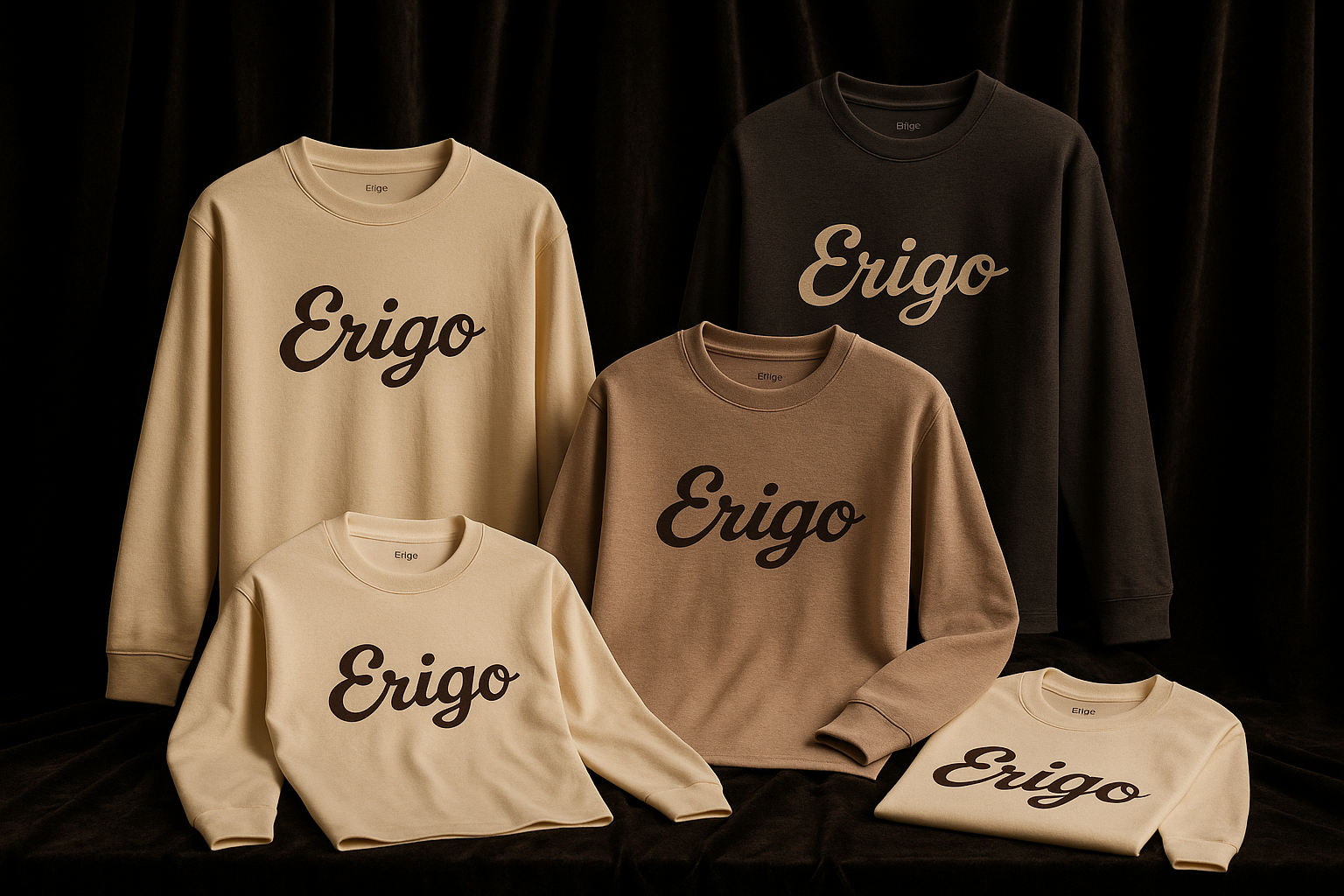few cotton winter T-shirts in which write Erigo as a brand name , in the background show some black curtain , beautiful picture.